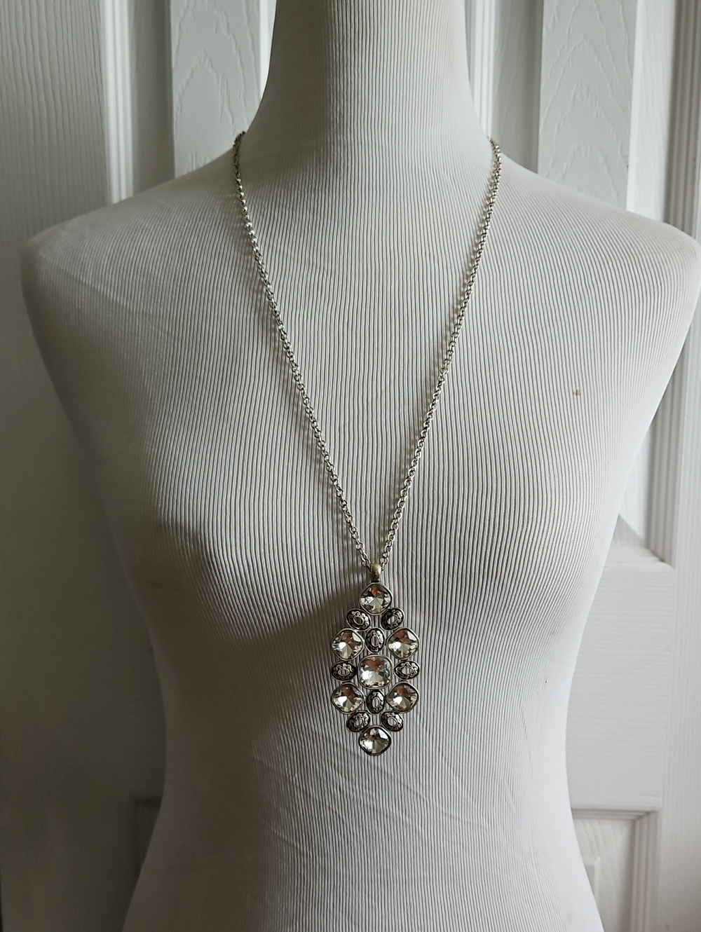 2 Necklace Set - Silver Tone Crystal Drop Pendant & Long Silver Hoop